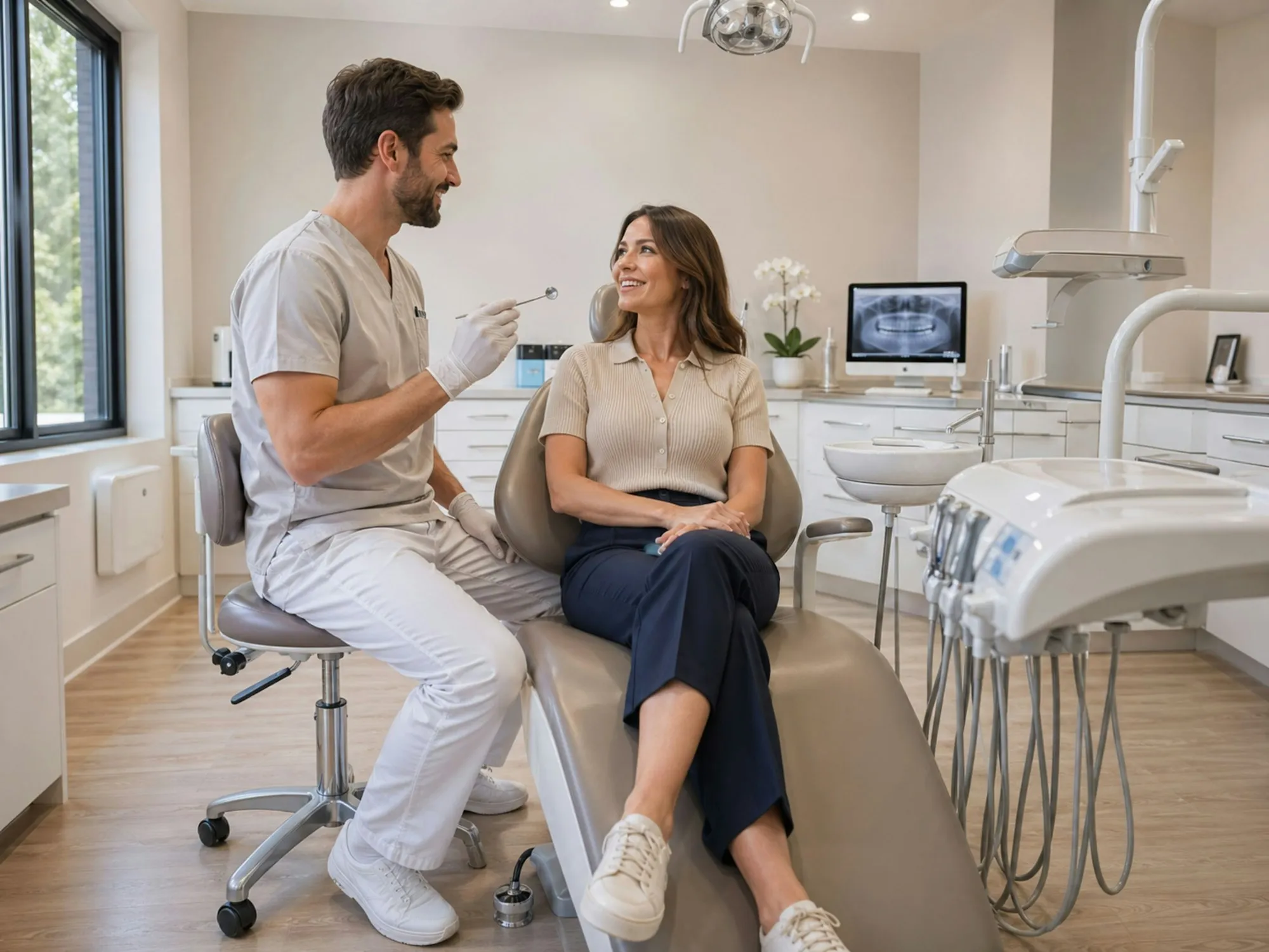Orthodontist talking with a smiling patient in a bright treatment room
