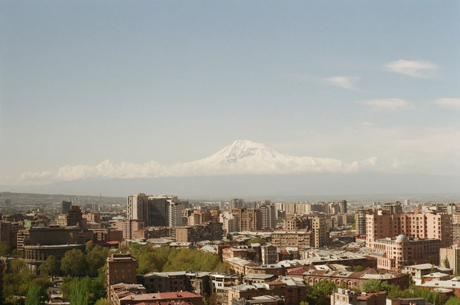Rooftops of Yerevan with the snow-capped Mount Ararat behind